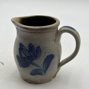 Vintage Rowe Pottery Works Salt Glazed Stoneware Pitcher 1980's 5" Floral Design